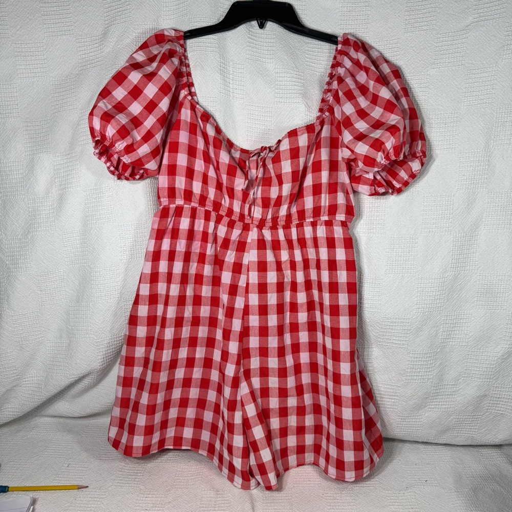 Day+Moon Red and White Gingham Romper Jumpsuit with Puff‎ Sleeves size Medium